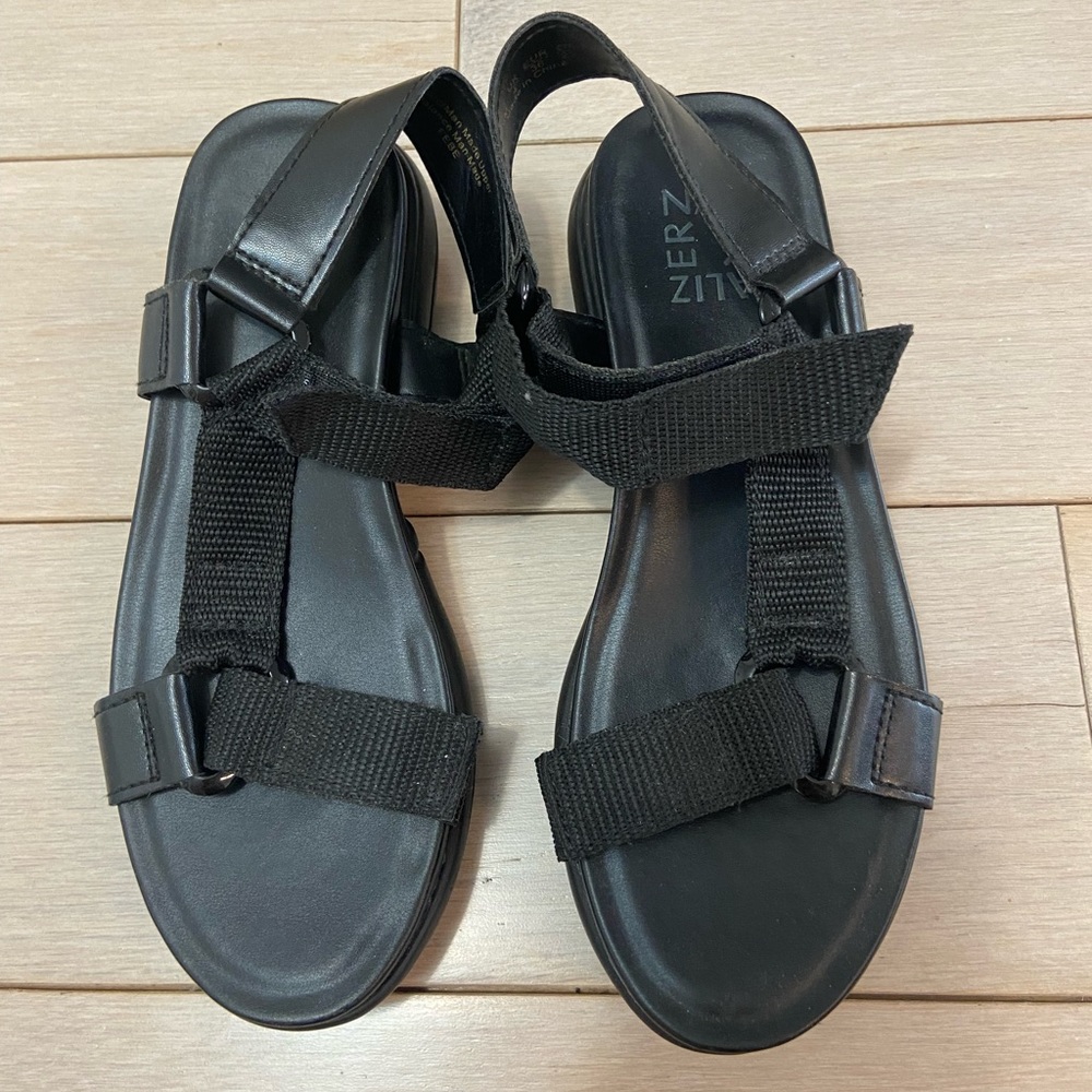Black strap wedge sandals